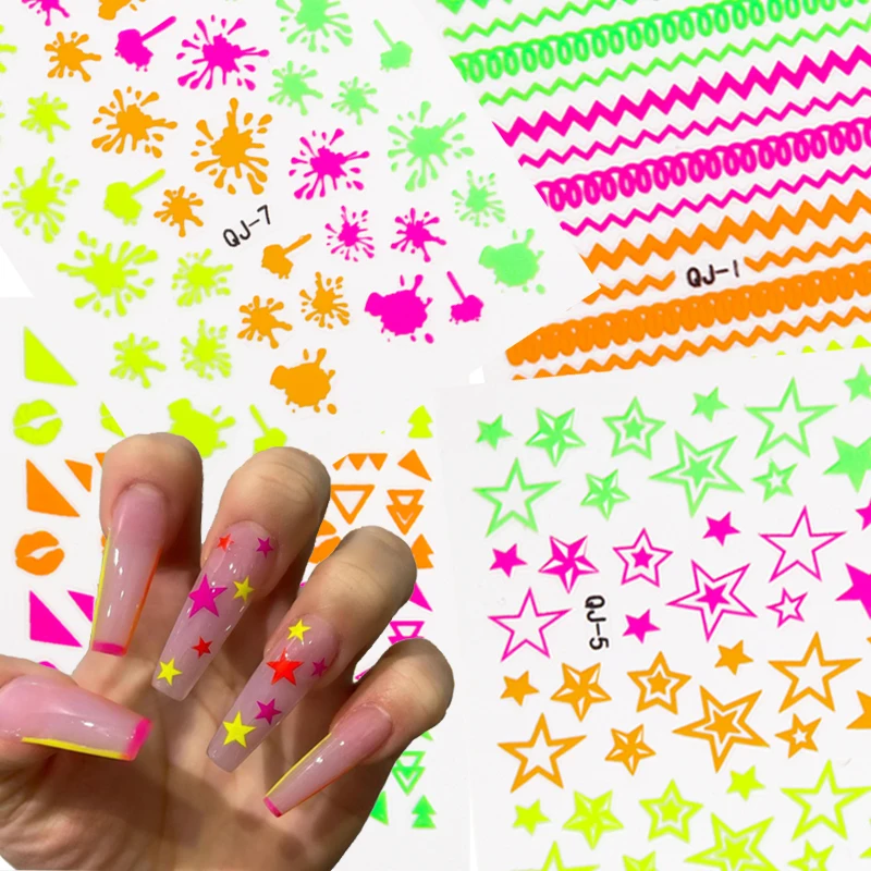 

1pcs Fluorescence Color 3D Nail Art Stickers Neon Lines Stars Summer Acrylic Nails Transfer Decals Decorations Manicure Tools