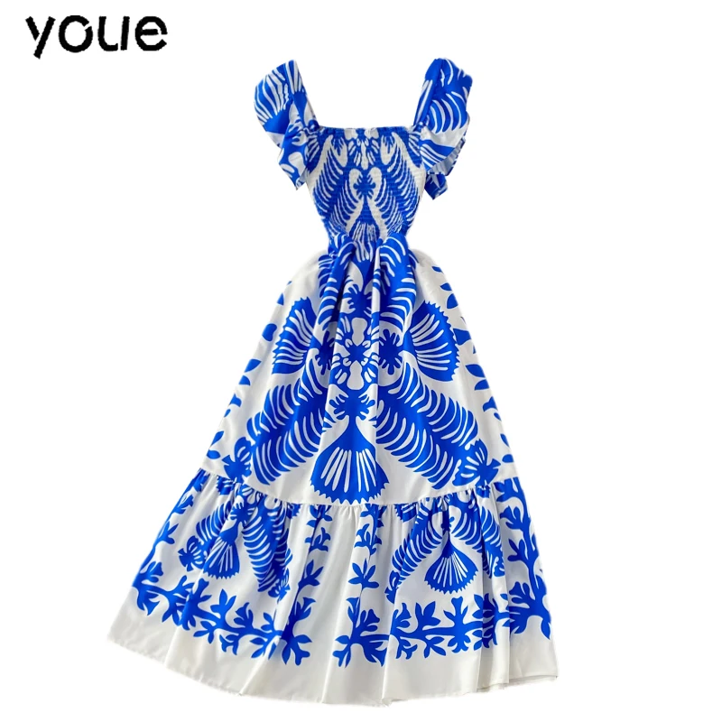 

Женское длинное платье с коротким рукавом, голубое/красное Повседневное платье с высокой талией и широкой юбкой, лето 2021