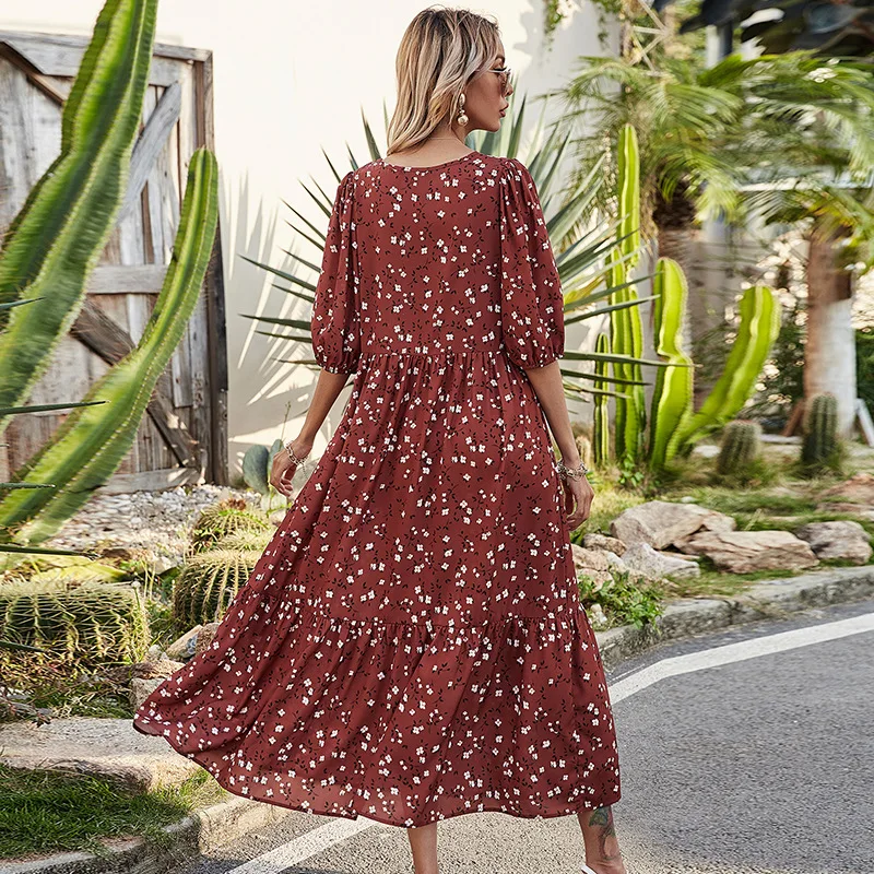 

BlueMood 2021 New Summer Dress Women Casual Half Sleeve Floral Print Dress Boho Style Ruffle Beach Party Dress Robe Femme