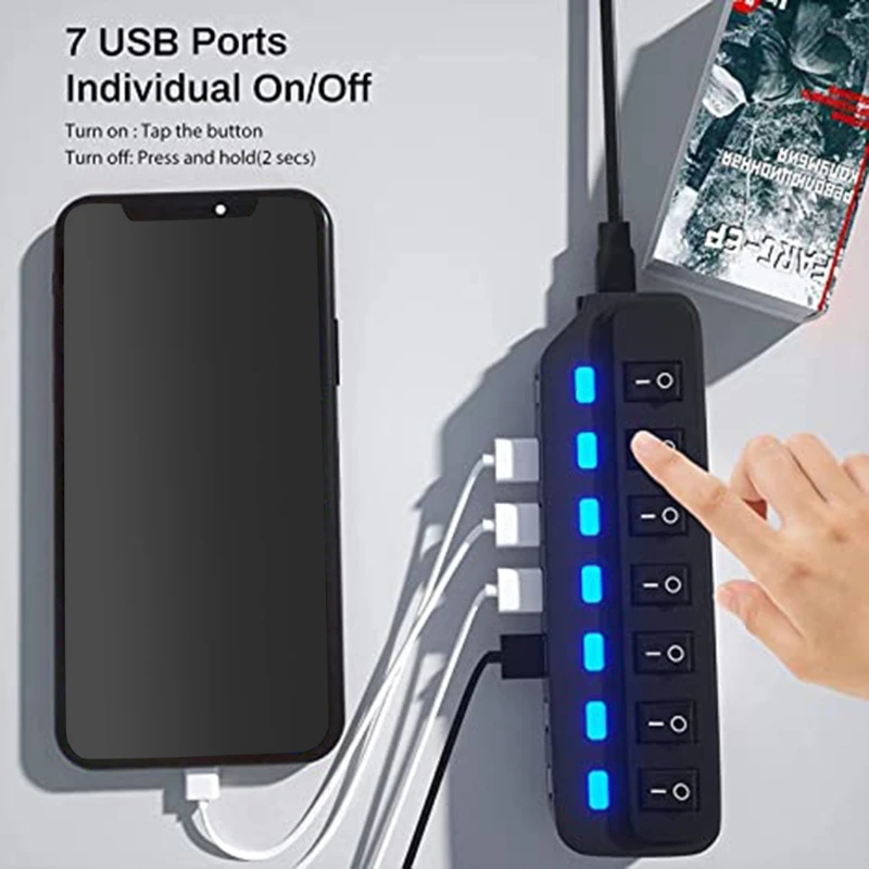 

Powered USB Hub 7 Port USB 3.0 Data Hub Aluminum USB Splitter with Power Adapter and Independent On/Off Switch LED Light