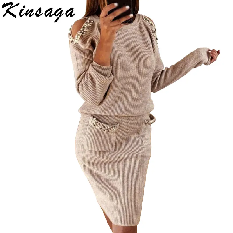 

Europe Sexy Pearls Beading Knitted Pullover+midi Skirts 2 Pieces Sets Winter Autumn Party Club Wear Bodycon Skirts Two Pcs Suits
