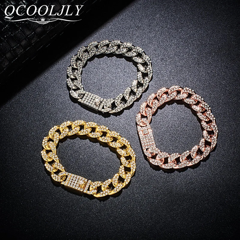 QCOOLJLY модный мужской браслет Miami кубинская ссылка золотой цвет стразы со льдом