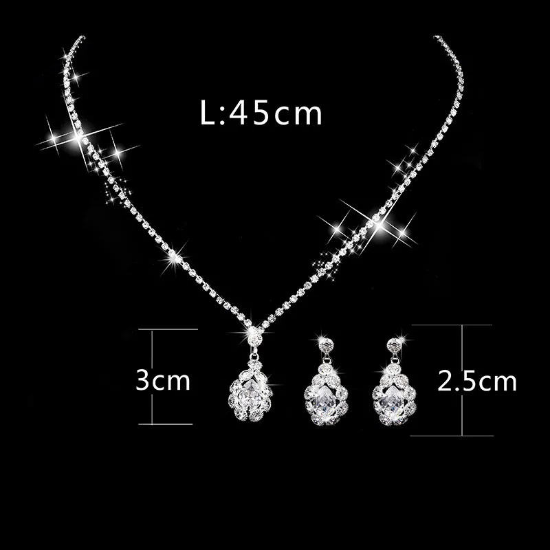 

Trendy Female White Crystal Jewelry Set Silver Color Flower Stud Earrings For Women Cute Bride Geometric Wedding Chain Necklace