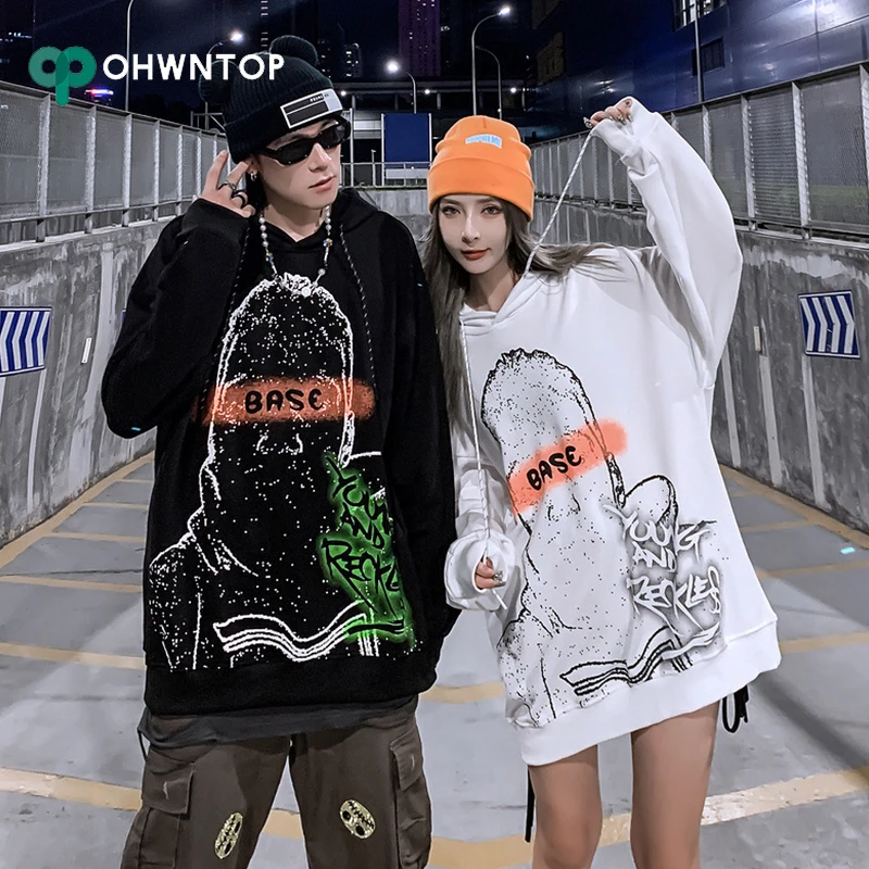 

Флисовые толстовки Harajuku с японским граффити Забавный принт пуловер с капюшоном свитшоты в стиле хип-хоп Уличная одежда повседневные свобод...