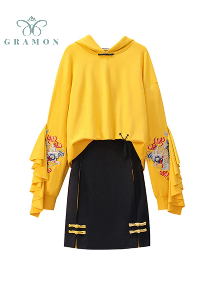 

Two Piece Set Embroidery Hoodies And Mini Skirts Outfits Women Plus Size Suits Fashion Chinese Styles 2021 Autumn Conjunto Femme