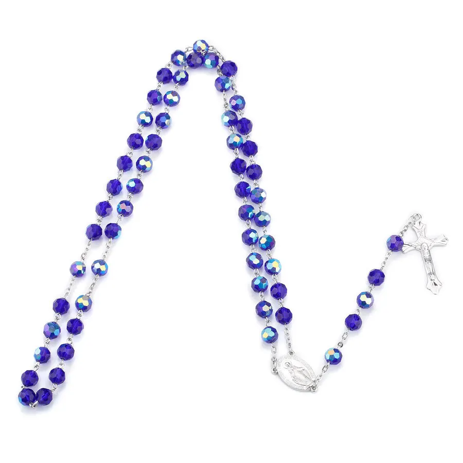 

Hot Sale Dark Blue Glass Crystal Catholic Rosary Necklace Virgin Christ Cross Rosary Religious jewelry
