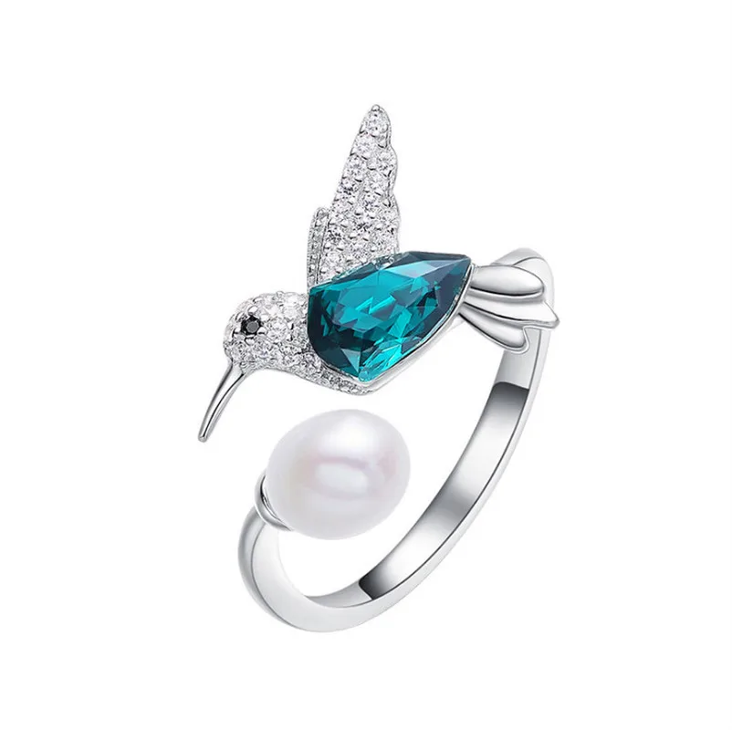 

AMORUI 925 Sterling Silver Blue Crystal Bird Rings Natural Freshwater Pearls Cute Animal Women Rings For Annniversary Jewelry