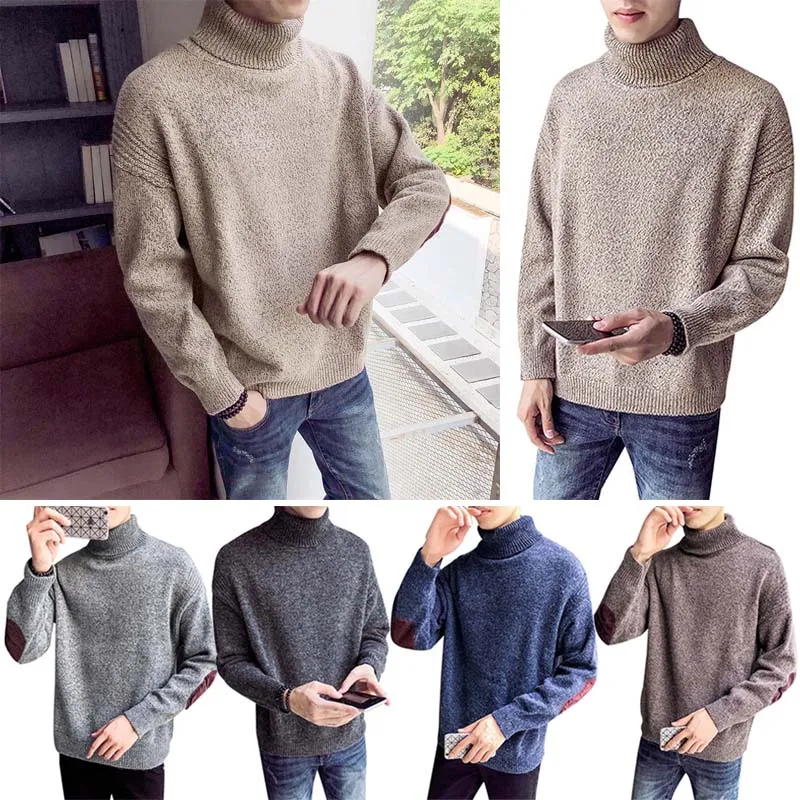 Мужской осенне-зимний свитер с высоким воротником однотонный пуловер вязаный JS26