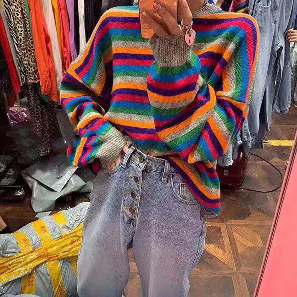 Радужный Модный женский свитер 2019 осень зима новый вязаный с круглым вырезом