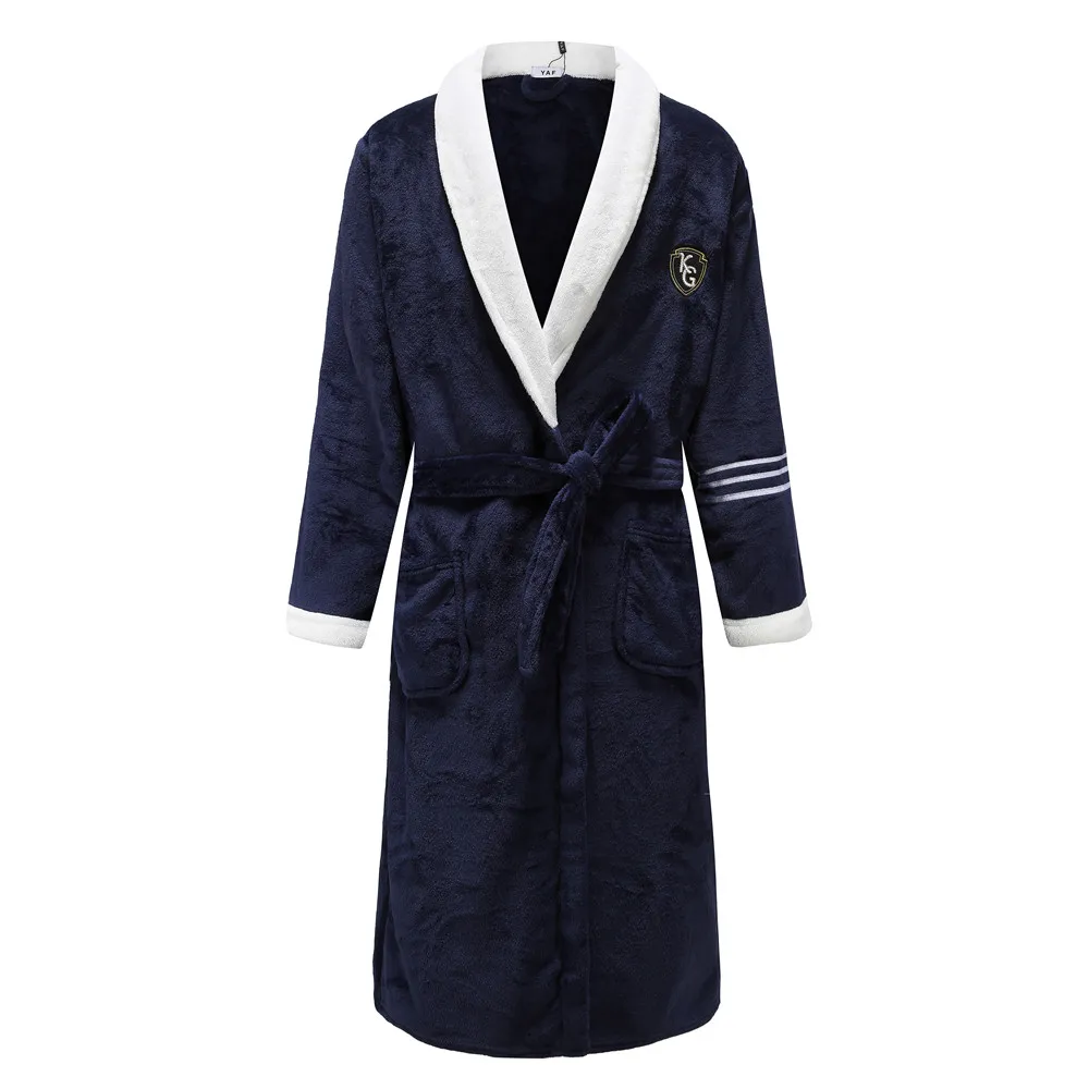 Autumn Winter Nightdress Blue Men Casual Coral Fleece Sleepwear Warm Couple Home Wear Flannel Belt Pyjamas Kimono Bathrobe Gown