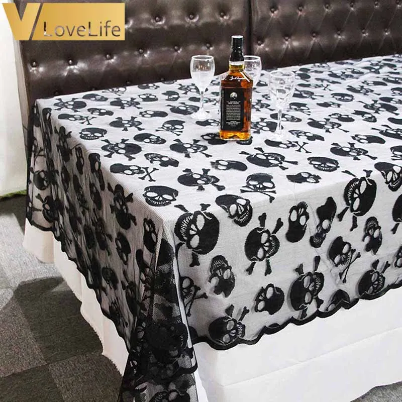Прямоугольная Черная кружевная скатерть в виде черепа и костей на Хэллоуин