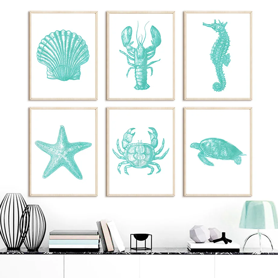 

Ocean Lobster Seahorse Scallop Crab Starfish Nordic Posters And Prints Wall Art Canvas Painting Pictures For Living Room Decor