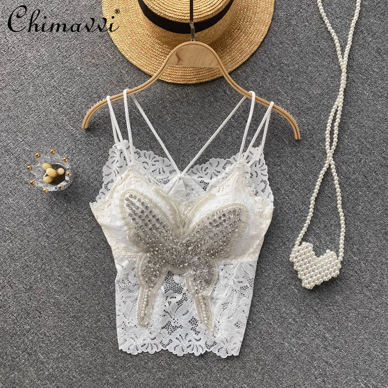 

Dropshipping Beauty Back Sexy V Neck Camisole Slim Short Rhinestone Beaded Butterfly Crop Top Female Sweet Lace Tank Top