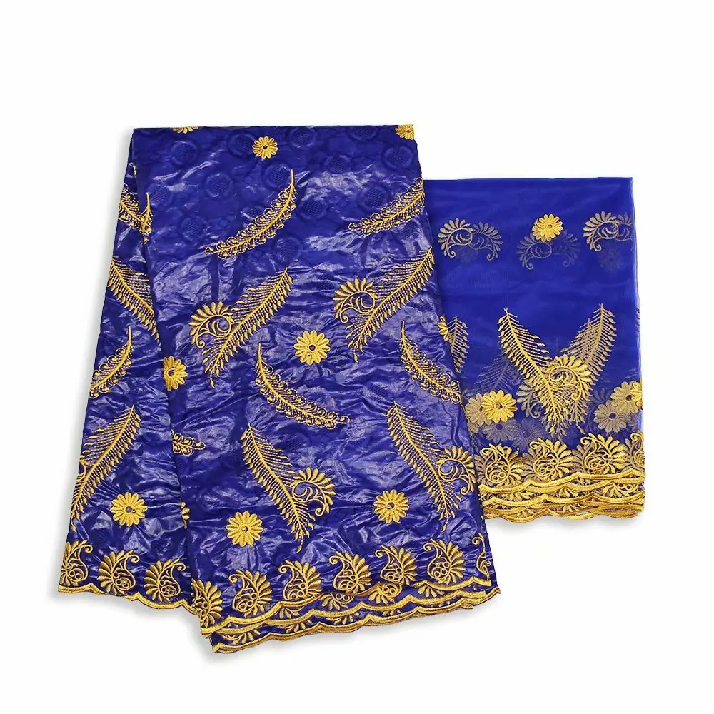 

Wine Party Set 5Y African Cotton Jacquard Bazin Lace Fabric With 2Y French Net Lace Material IKBN136