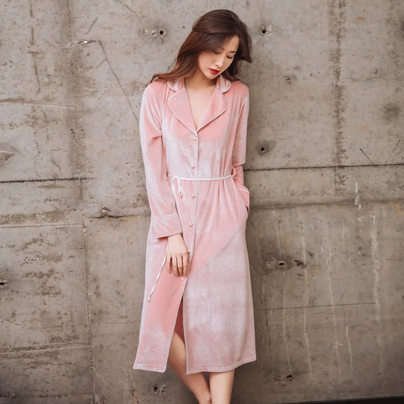 

Женский вельветовый халат, Осенний длинный ночной халат, однотонный облегающий, с длинным рукавом