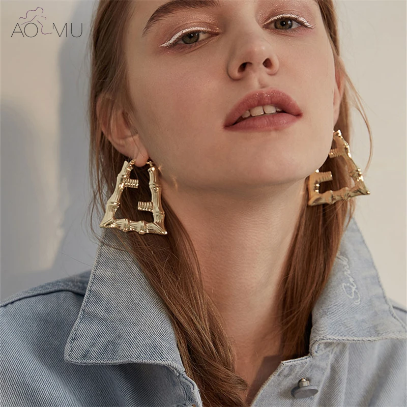 Женские серьги подвески из бамбука AOMU большие геометрические золотого и