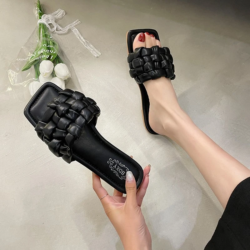 

2021 Spring Autumn Women's Slippers Square Low Heel Solid Indoor Cool Bathroom Bedroom Shoes