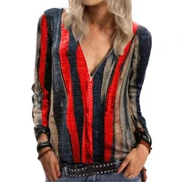 2021 autumn women tie dye stripes printed t shirt zipper v neck long sleeve tops ladies casual loose vintage street tee shirts