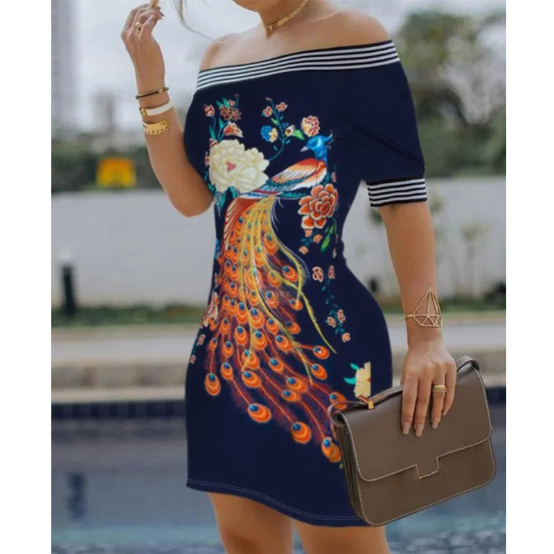 

Plus Size 3XL Trendy Sexy Off Shoulder Slim Women Dress Floral Peacock Print Striped Tape Bodycon Dress