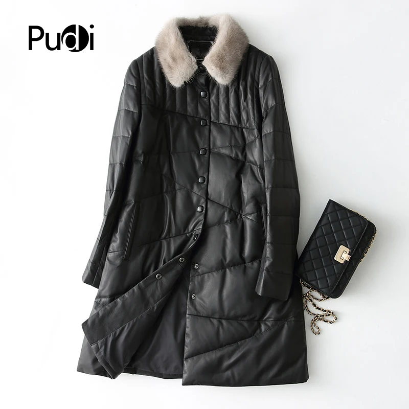 Женская шуба из натуральной овечьей кожи PUDI теплая натурального меха норки