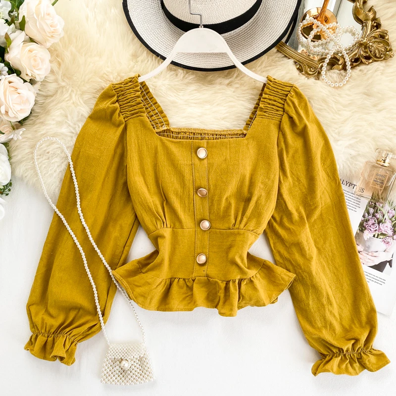 Женская рубашка с квадратным воротником осенняя блузка эластичным поясом в