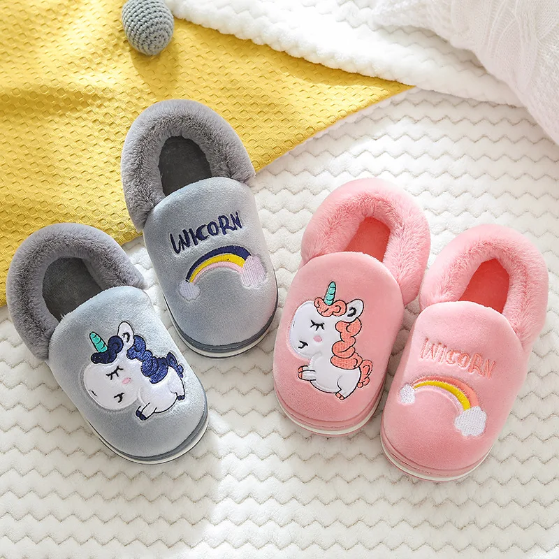 Зимние тапочки с единорогом Детские Вьетнамки Меховые шлепанцы для девочек