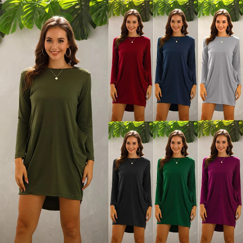 

bikoles Spring Autumn Fashion Casual Solid Long Sleeve Women's Mini Dress Retro Home Simplicity Slim O Neck Pocket Ladies Dress