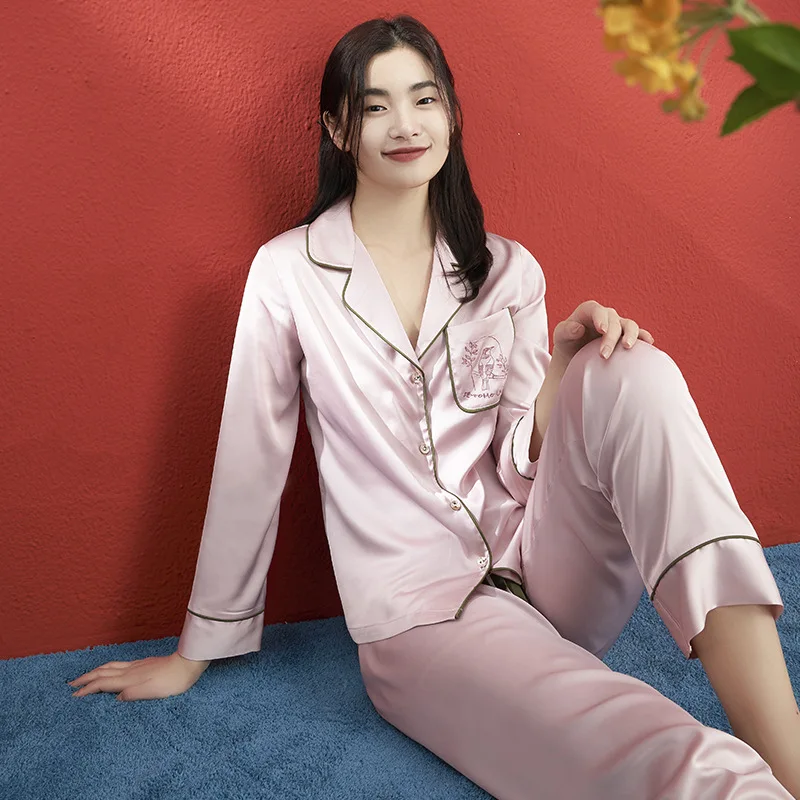 

ChunShang Pajamas Women's Spring And Summer Satin Lapel Cardigan Long-Sleeved Trousers Suit Korean Casual Home Service