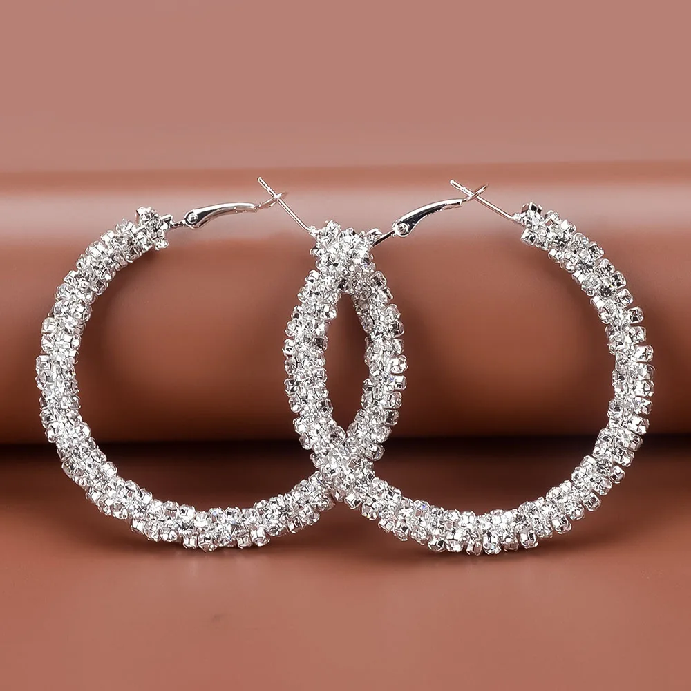 

TREAZY Diamante Rhinestones Hoop Earrings Silver Color Full Crystal Big Circle Earrings For Women Trend Wedding Paty Jewelry