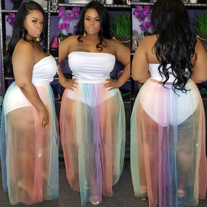 Adogirl Plus Size XL-5XL Women Two Piece Set Dress Strapless Bodysuit Sheer Mesh Rainbow Stripe Maxi Skirt Party Suit |