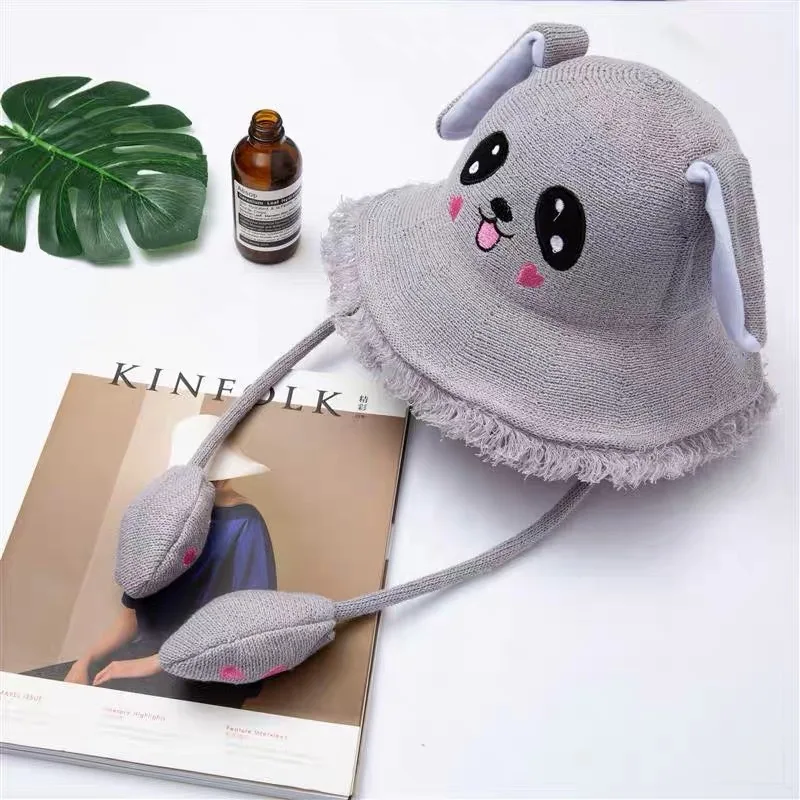 Kawaii Panda Bucket головные уборы женские одноцветные забавные вязаные шапки с милыми