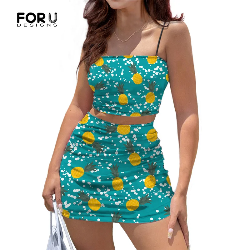 

FORUSEDIGNS Womens Skirts 2021 Hawaiian Pineapple Pattern Sleeveless Camis Crop Tops And Skirts Sexy 2 Piece Set Vestidos Verano