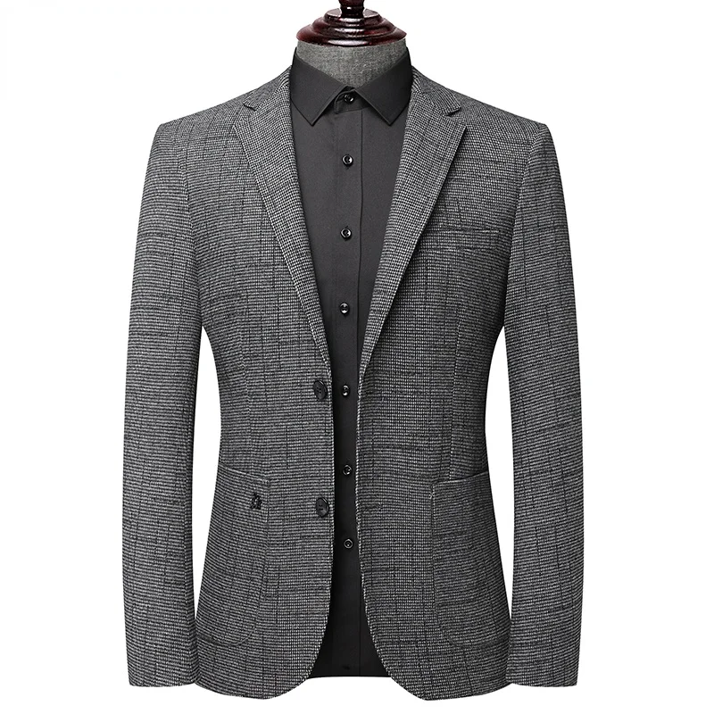 Brand Men Clothing New Gray Plaid Blazer Jacket Business Work Simple Slim Suit Coat Male Formal Wear High-quality
