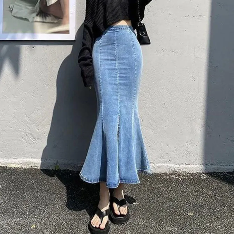 Spring Summer Women Skirt Black Harajuku 2021 New High Waist Blue Jeans Hip Mermaid Long Skirts Woman Split Up Sexy Denim Skirt