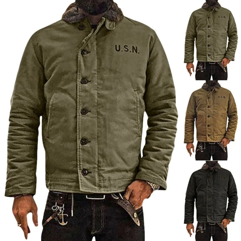 

Men Thick Jacket Coat Deck Army Military Warm Windproof Navy Thick Button Coat