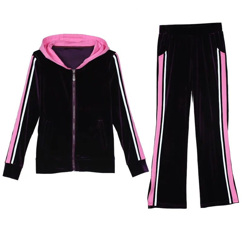 Leisure Velvet Women's 2 Pieces Outfits Zipper Hooded Tops and Spilt Sweat Pants Tracksuit Set Female Sportwear M-3XL |