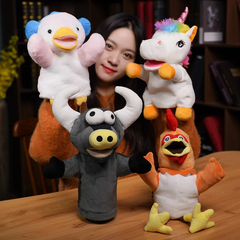 

New Black Cow&Rooster Cute Glove Unicorn&Penguin Plush Hand Puppets Soft Stuffed Cartoon Telling Learning Funny Accompany Toy