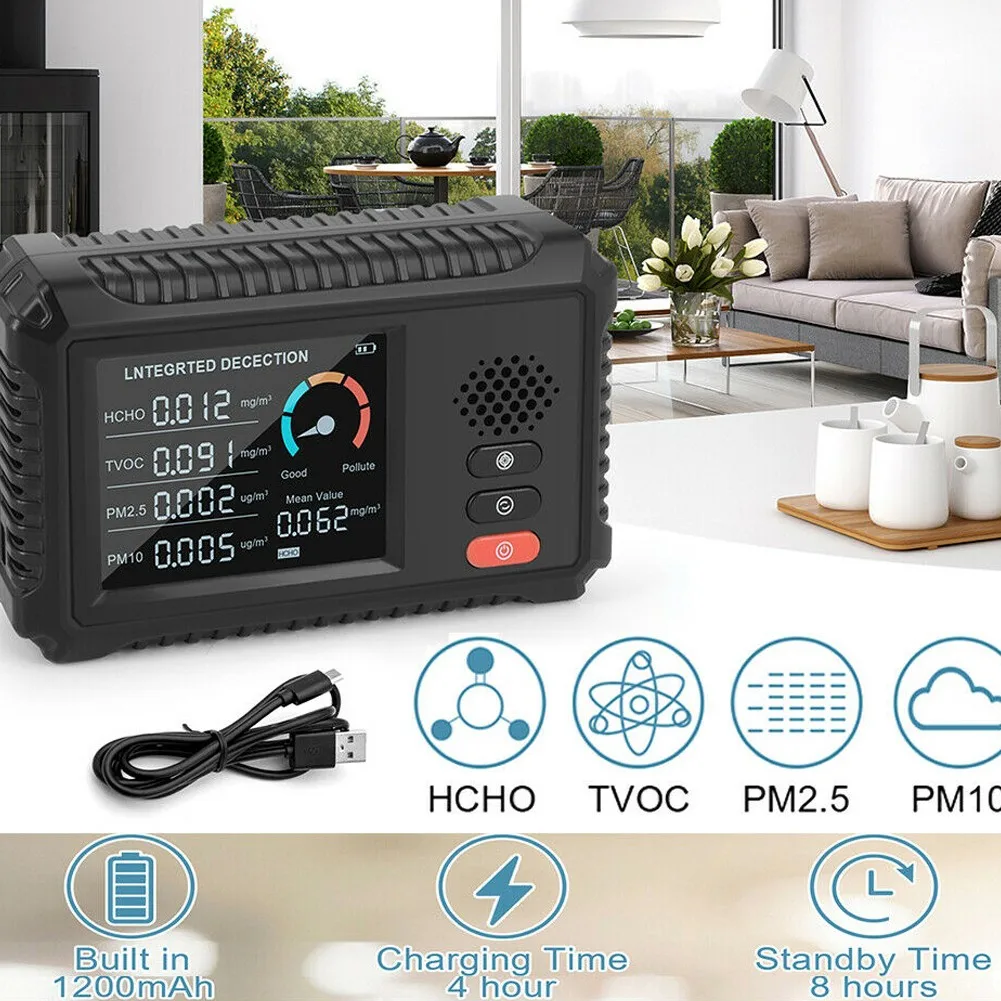 

1PC LCD HLW-100 Air Quality Monitor De Qualidade Do Ar Quatro Em Um CO2 HCHO TVOC PM2.5 PM10 Test Meters