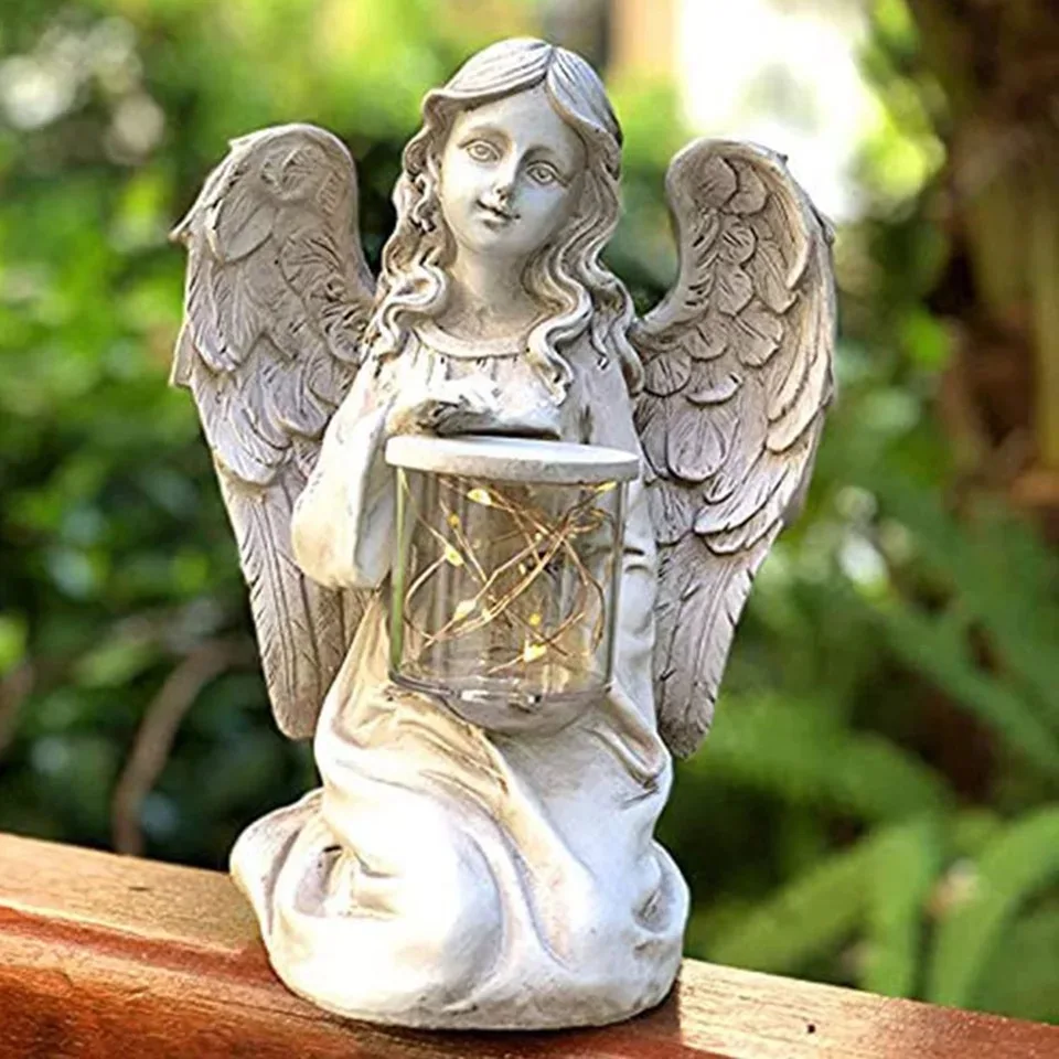 

Garden Kneeling Angel Statue Home Decoration with LED Light Sculpture Memorial Statue Decorative Collection