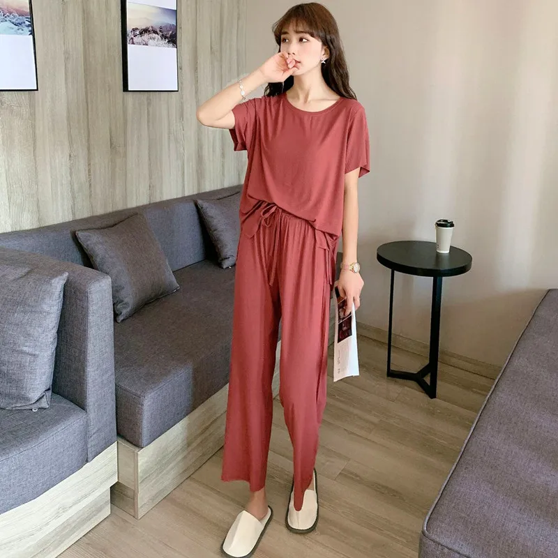

Two Piece Set New Fashion Sleepwear Pajamas For Women Short Sleeve Summer Pyjamas Female Loose Long Pant Nightwear Pijama Suit