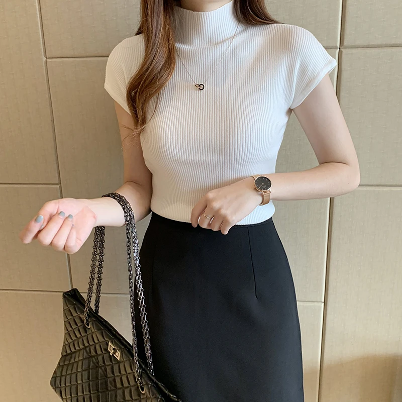 

HELIAR Women Knitted T-shirts O-Neck Tees Plain Tops Solid Knitted Short Sleeve Casual O-neck T-Shirts For Women Summer Tees