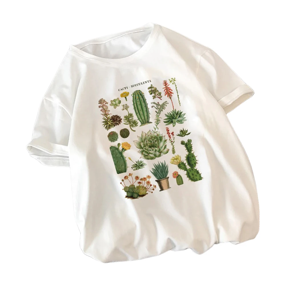 

Summer Girls Short Sleeve Cactus Plant Printing Loose T-shirt Women Adults Round Neck Simple T-shirt Top