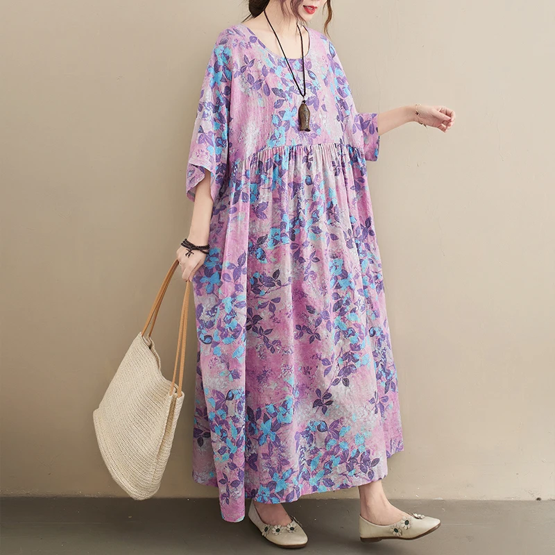 

Plus Size Cotton Linen Maxi Long Dress New Arrival 2021 Summer Fashion Short Sleeve Women Dress One Piece Boho Dress Female