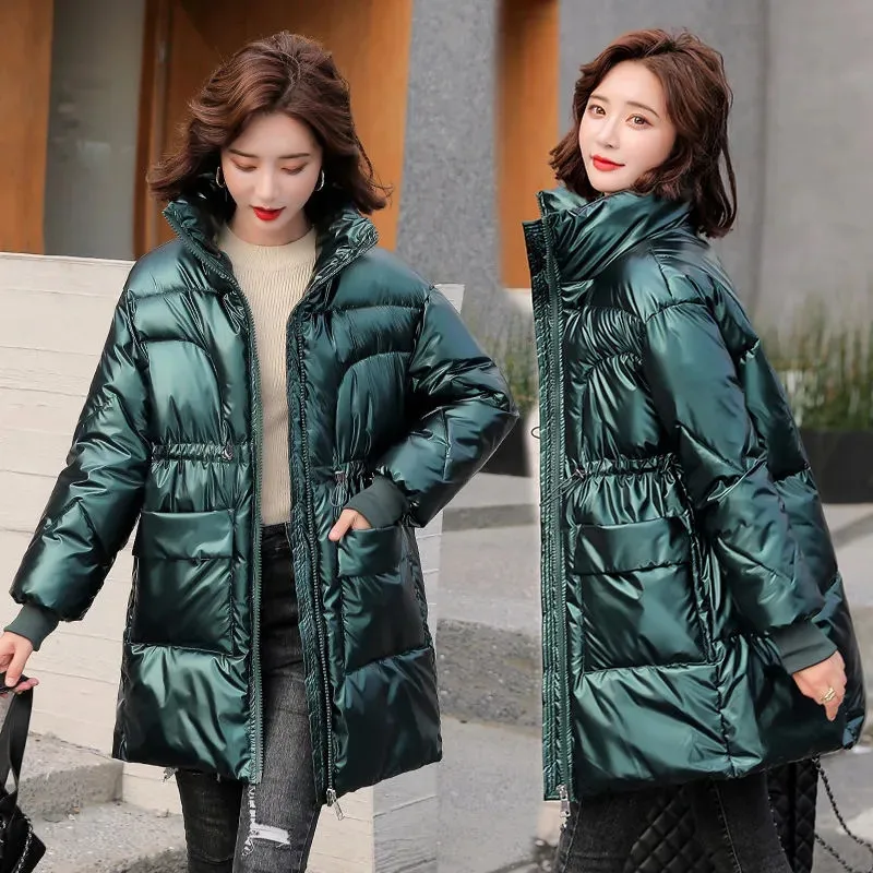 

2021 New Winter Jacket Parkas Women Warm Thicken Long Glossy Jacket Female Coat Cotton Padded Parka Casual Water Proof Outwear