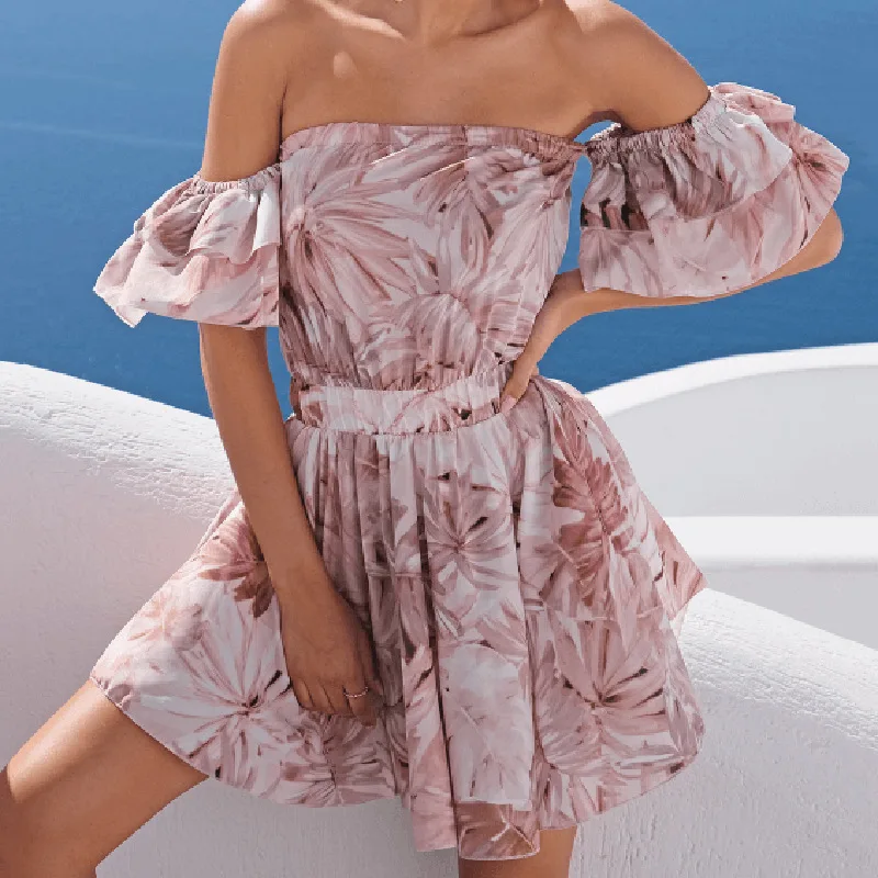 

Sexy Cottagecore Aesthetic Bohemian Summer Mini Backless Dress Fashion Ruffled Strapless High Waist Print Pleated Dresses Women
