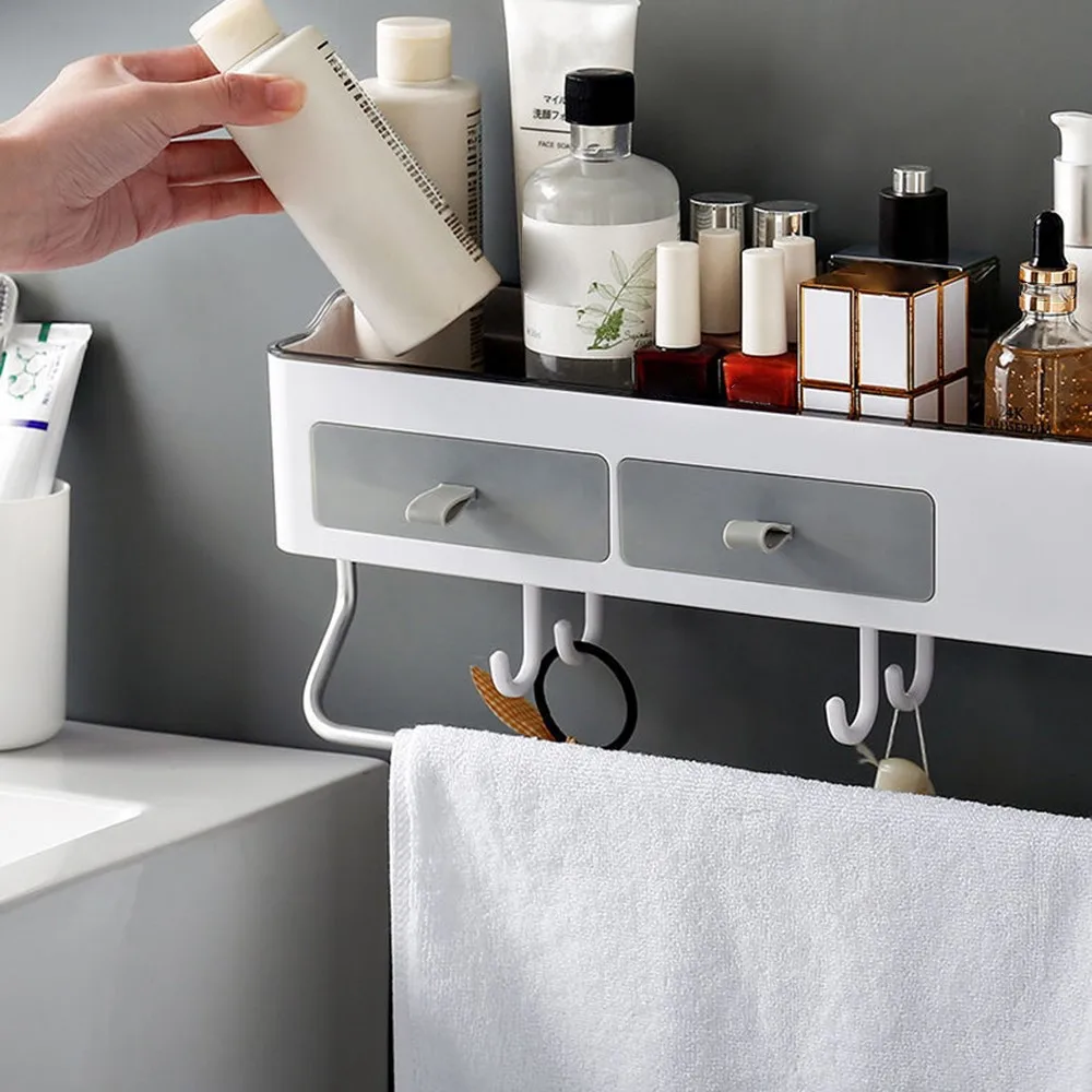 Bathroom Storage Organizer Punch Free Plastic Shower Rack Wall Mounted Shampoo Cosmetic Holder with Drawers Hooks Hanger Large |