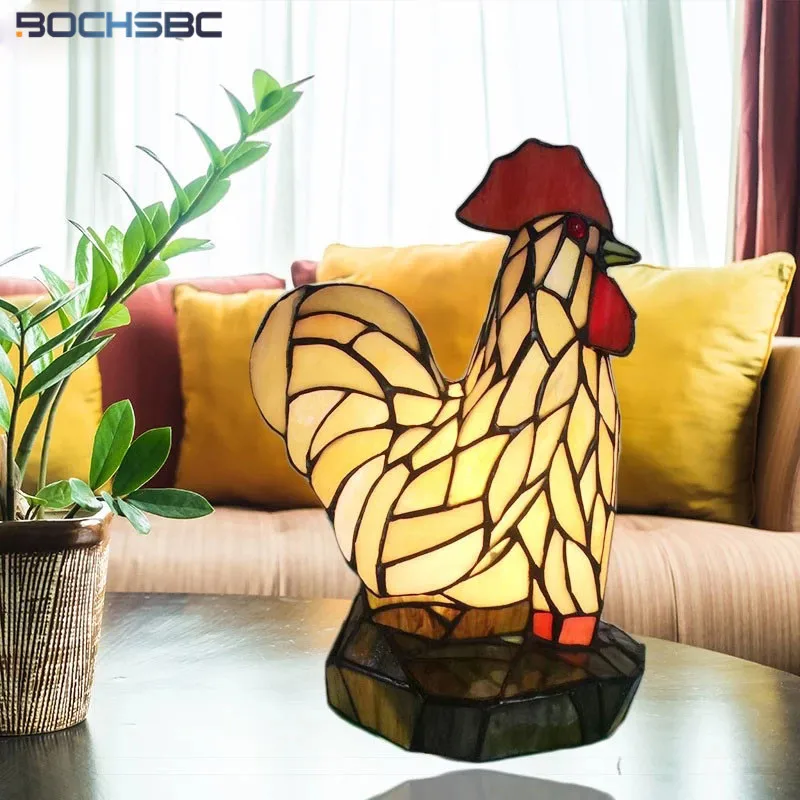

BOCHSBC Tiffany Style Cock Turkey The Frog Prince Animals Night Lights Stained Glass Table Lamp Handcraft LED Art Desk Gift
