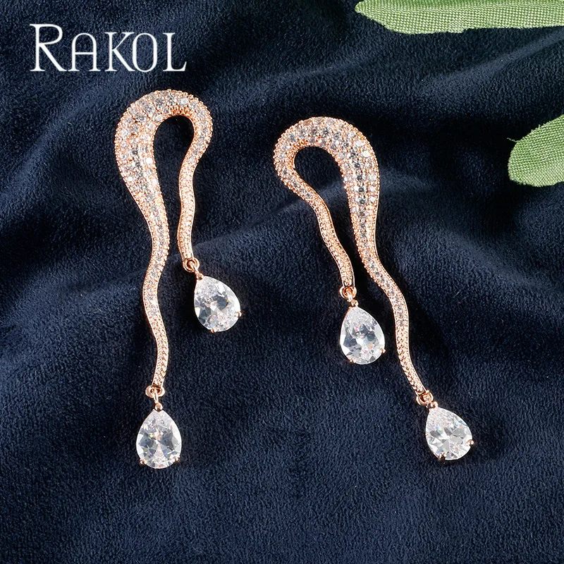 RAKOL, новинка, любимые, элегантные, в форме капли воды, кубический цирконий, Роскошные, для женщин, для помолвки, вечерние, свадебные серьги, высокое ювелирное изделие, RE523146 - Окраска металла: rose gold color