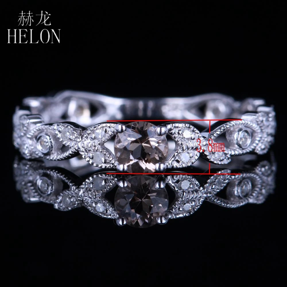 

HELON Solid 14K White Gold AU585 Flawless Round Cut 4mm Genuine Smokey Quartz Real Diamond Engagement Wedding Women Vintage Ring