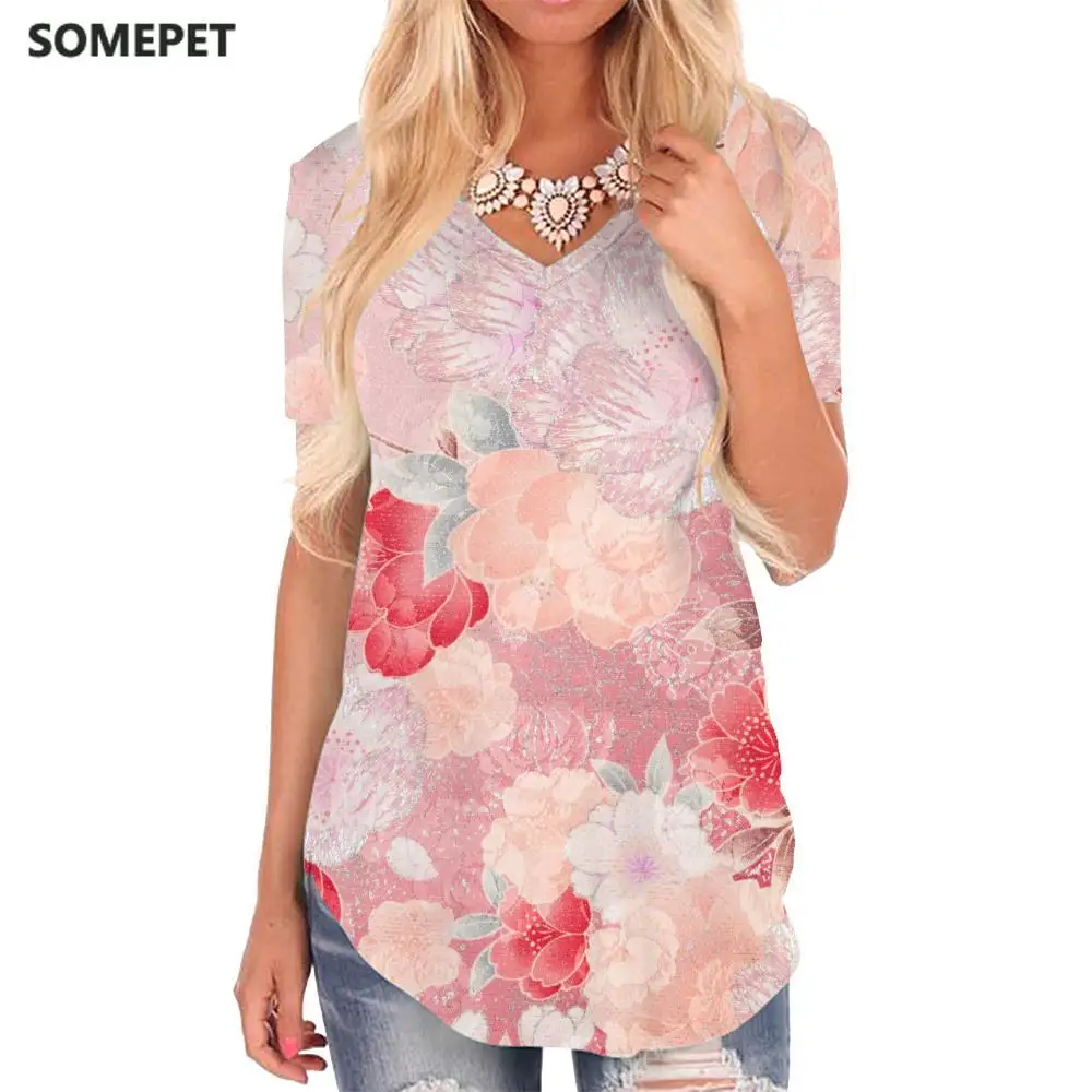 

SOMEPET Flower T-shirt women Painting T-shirts 3d Art V-neck Tshirt Colorful Funny T shirts Womens Clothing Fashion Casual Tops